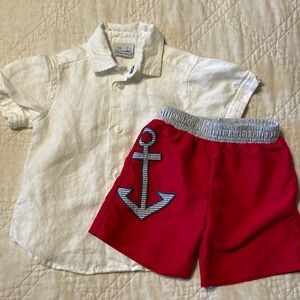 Florence Eiseman linen shirt 3T, red anchor bathing suit 2T